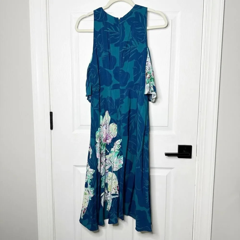 MAEVE Anthropologie Size 6 Teal Cold Shoulder Leaf Floral Print Dress - Picture 6 of 6